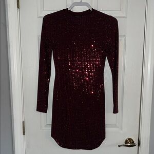 B Darlin Long-Sleeve Sequin Wine Red Dress